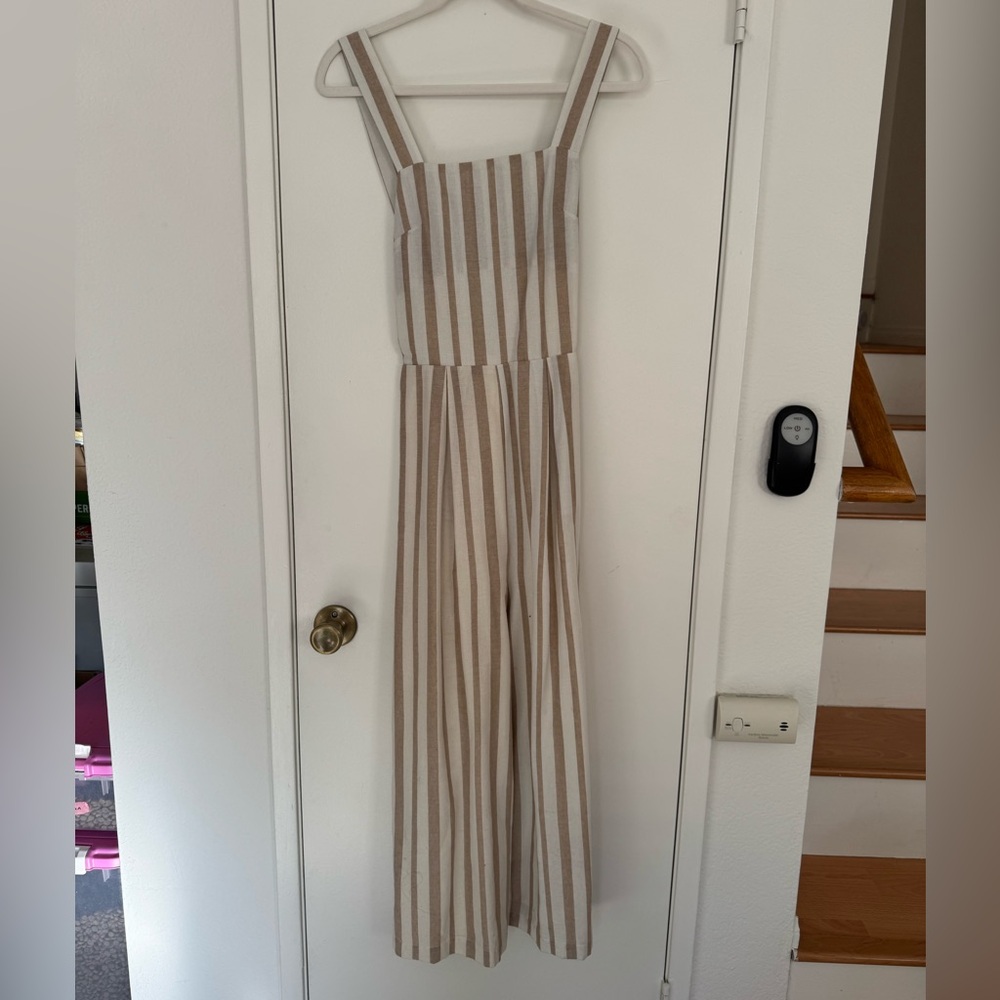 Chriselle x J.O.A. Beige and White Striped wide leg jumpsuit
